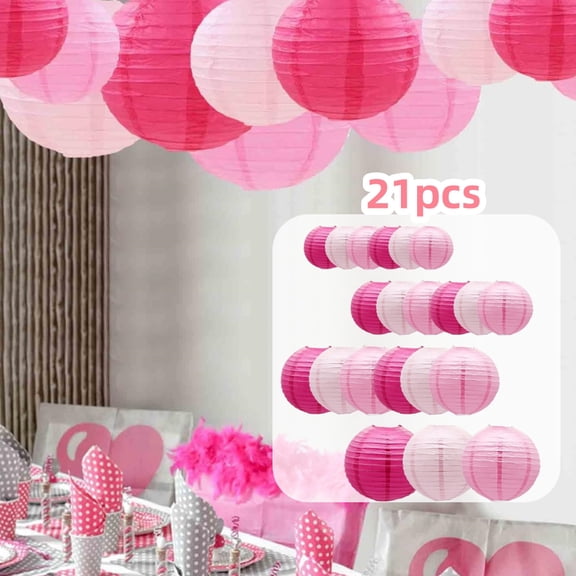 Hanging Paper Lanterns 21pcs Set, Pink Round Party Decor for Indoor Outdoor Use, Ideal for Baby Showers, Birthdays, Weddings & Graduations