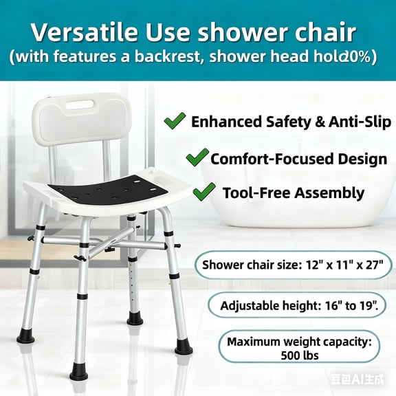 Heavy Duty 500lb Shower Chair with Backrest - Adjustable Height Bath Seat for Seniors & Disabled, Non-Slip Feet, Lightweight Aluminum Frame, Tool-Free Assembly, Fits Narrow Tubs