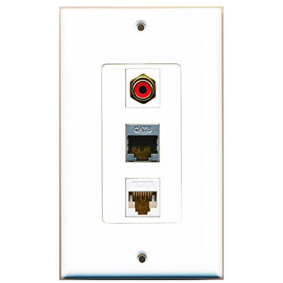 RiteAV - 1 Port RCA Red and 1 Port Shielded Cat6 Ethernet and 1 Port Cat6 Ethernet White Decorative Wall Plate Decorative