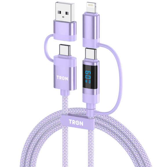 TRON 4 in 1 Charging Cable 60W, USB-C and USB-A to USB-C and L Connector Cord with Real Time Digital Power Display, 5FT Nylon Braided Fast Charger for iPhone 17 16 15 14, Android, Tablet, Purple