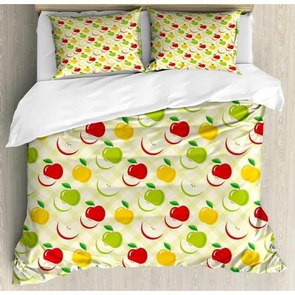Apple Duvet Cover Set Queen Size, Diagonal Checkered Pattern with Apples and Slices Retro Country Kitchen Theme, Decorative 3 Piece Bedding Set with 2 Pillow Shams, Green Red Yellow, by Ambesonne