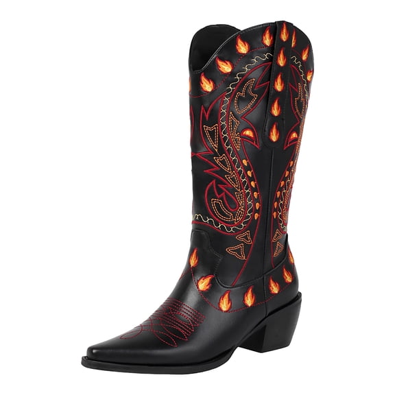 YLYL Women Mid Calf Boots Embroidered Stitched Pointed Toe Chunky Block Heel Western Cowboy Cowgirl Boots