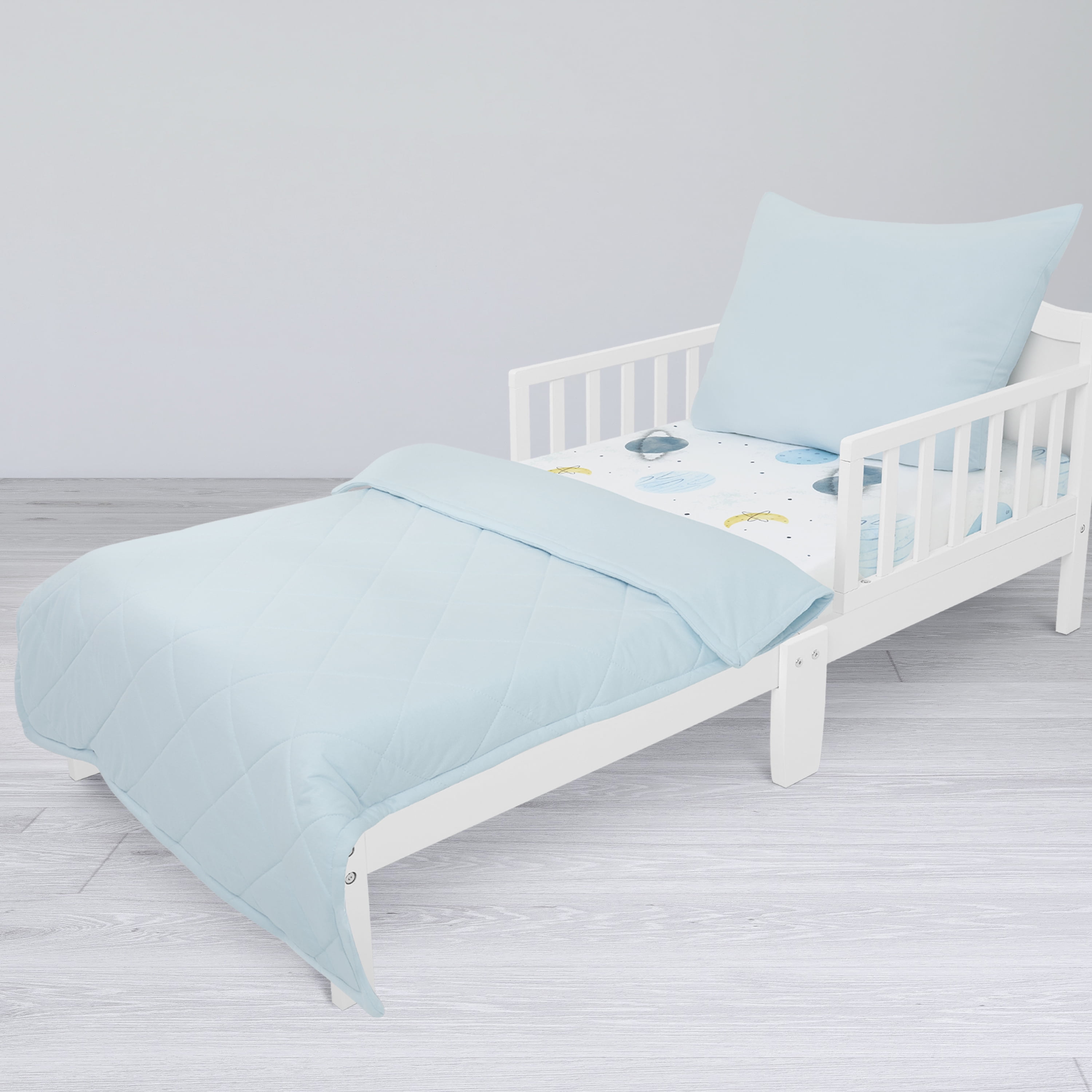 Evolur Space Adventure Collection 3pc Toddler Bed Set (Fitted Sheet, Comforter, Pillow Case) in Arctic Blue & Space Print