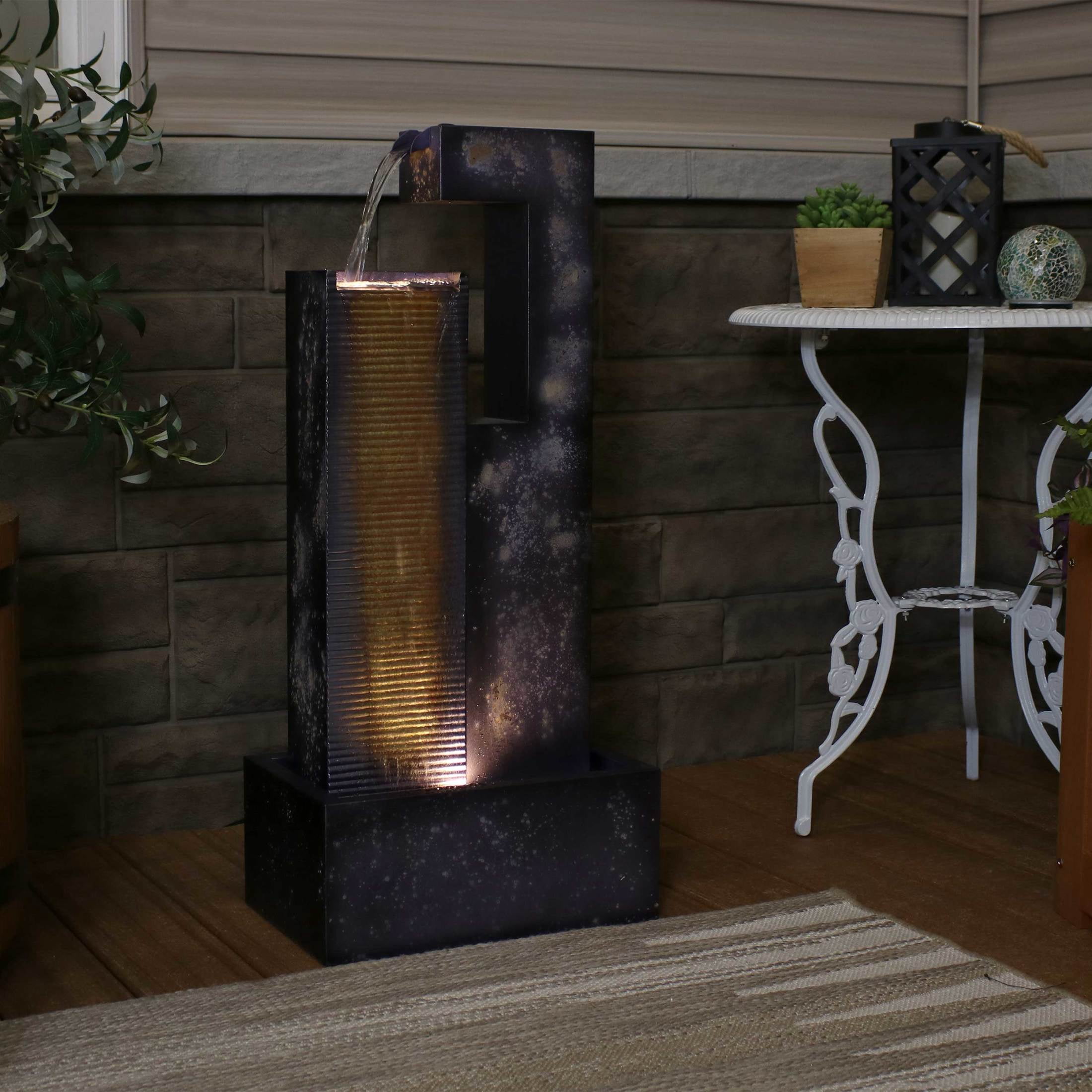 Sunnydaze Cascading Tower Metal Outdoor Water Fountain with Light