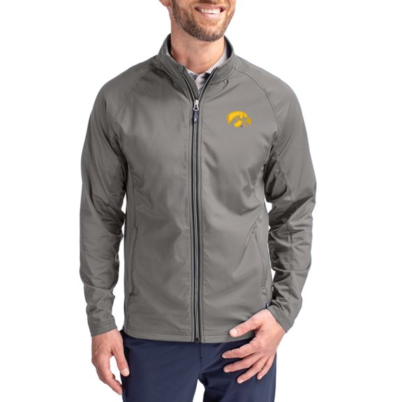 Men's Cutter & Buck Gray Iowa Hawkeyes Primary Logo Adapt Eco Knit Raglan Full-Zip Jacket