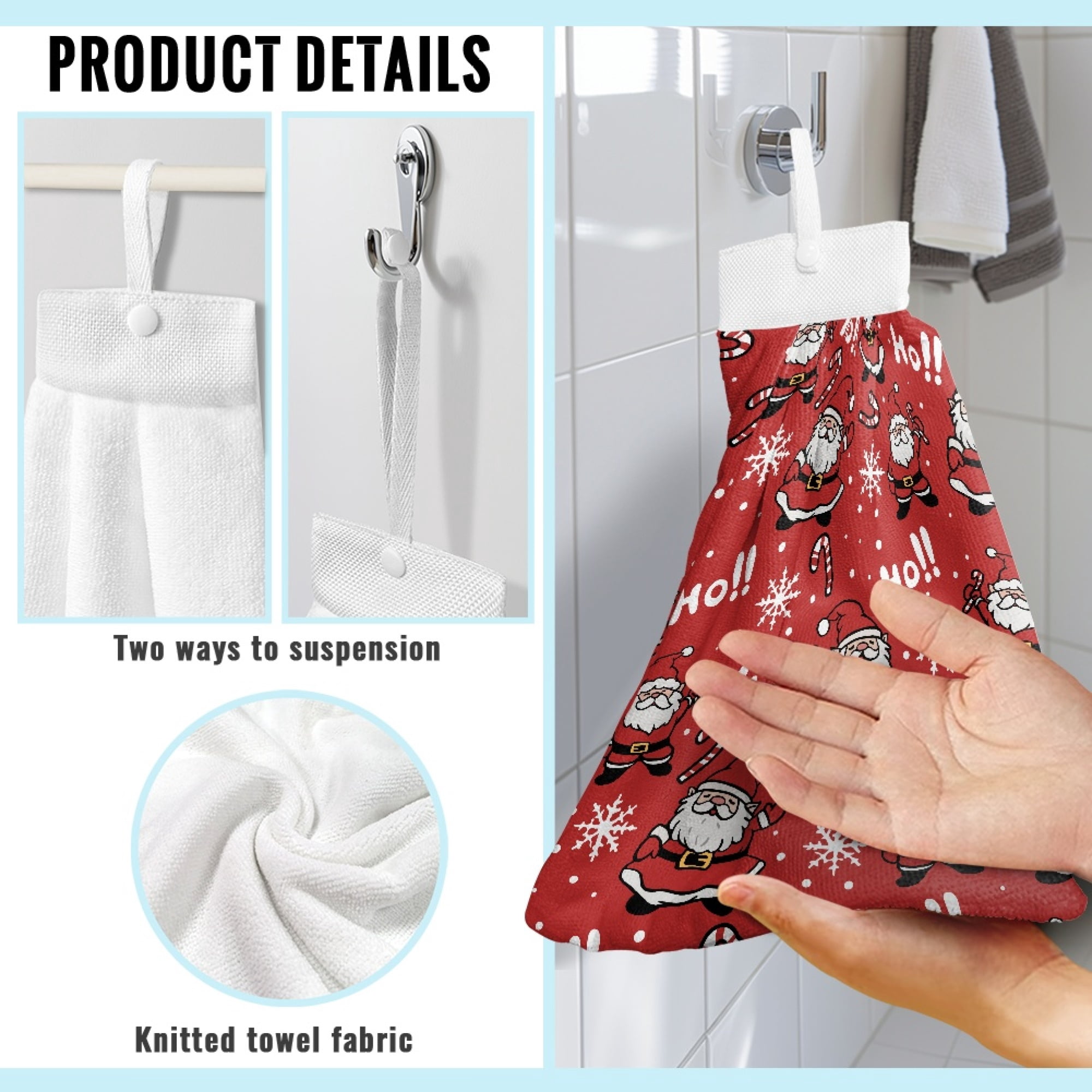SEANATIVE Santa Claus Hand Towels for Bathroom Decorative Set of 3 HO HO HO Hand Towels with Loops for Hanging Christmas Hanging Hand Towels Highly Absorbent Fingertip Towel for Adults