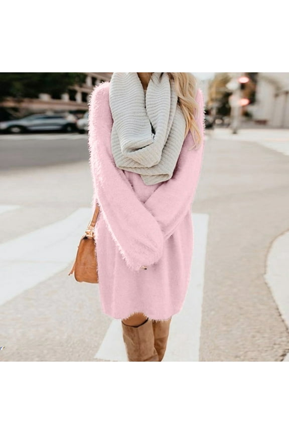 Women's Fall Winter Fuzzy Plush Sweater Dress Long Sleeve Casual Comfy Loose Warm Stretchy Knit Long Pullover Sweaters Dresses S-3XL