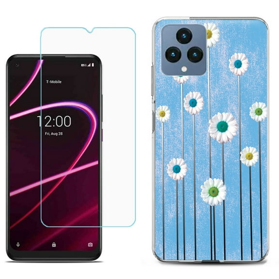 Slim-Fit Gel TPU Fashion Phone Case for T-Mobile Revvl 6 5G, with Tempered Glass Screen Protector, by OneToughShield ® - Daisy Sky