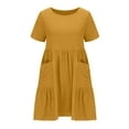 thumbnail image 4 of VSSSJ Women Short Sleeve Round Neck Casual Dresses Empire Waist Solid Color Loose Swing Ruffle Cotton Linen Dress with Pockets Yellow S, 4 of 5