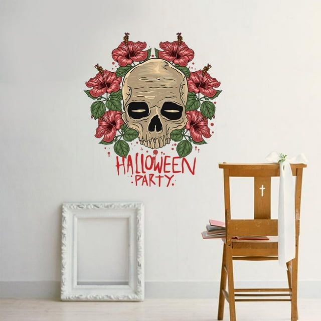 Adhesivos de pared de PVC con calavera de Halloween con flores, 38 x 43 cm