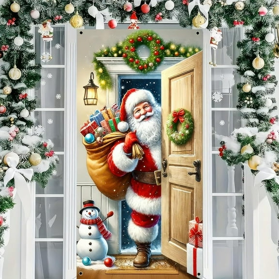 Merry Christmas Door Cover Christmas Retro Santa Claus Backdrop, 71 x 35 Inch Christmas Banner for Winter Holiday Wall and Door Decorations