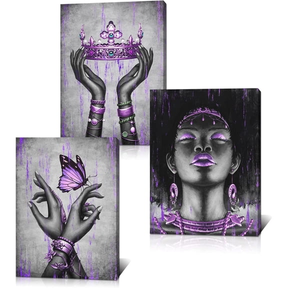 Fashion African American Woman Painting Giclee Canvas Prints Elegant Black Girl with Purple Accessories Picture Poster Gallery Wrapped Artwork for Bedroom Makeup Room Decoration