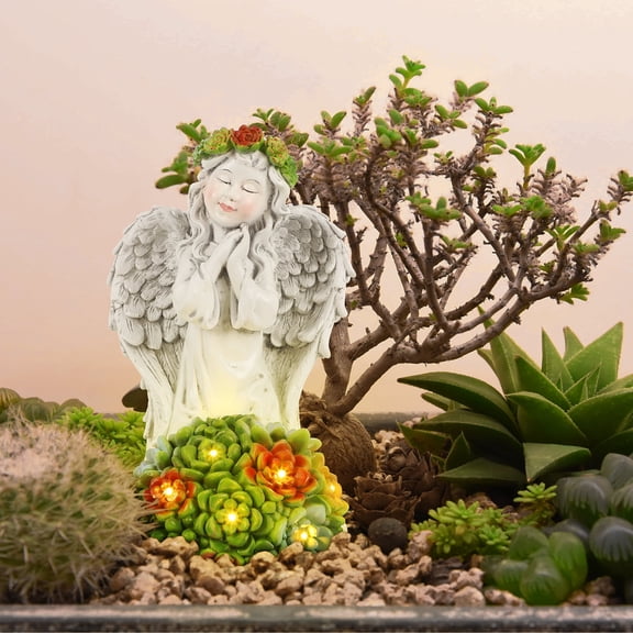 Solar Kneeling Angel Garden Statue, 7.8in Resin Fairy Figurine with LED Succulent Base, Waterproof Outdoor Decor for Patio, Yard, Memorial