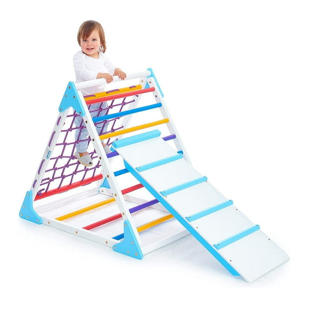 Triangle Climber with Ramp - Premium Wooden Climbing Triangle for Sliding and Climbing - 2 in 1 Stable Toddler Climber Structure - Indoor Kids Climbing Net Toys - Kids Climber - PYRAMIDA-Color