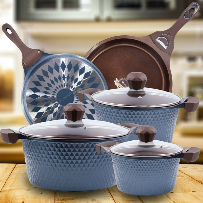 Ceramic Diamond Pots and Pans Sets- 8Piece Nonstic Kitchen Cookware Alum  Cast Gr