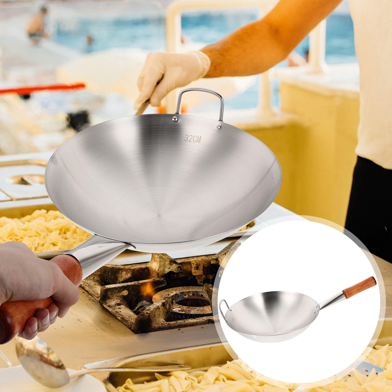 BESTONZON 1Pc Cooking Pan with Wooden Handle Plated Silver Stainless Steel Kitchen Utensil for Home