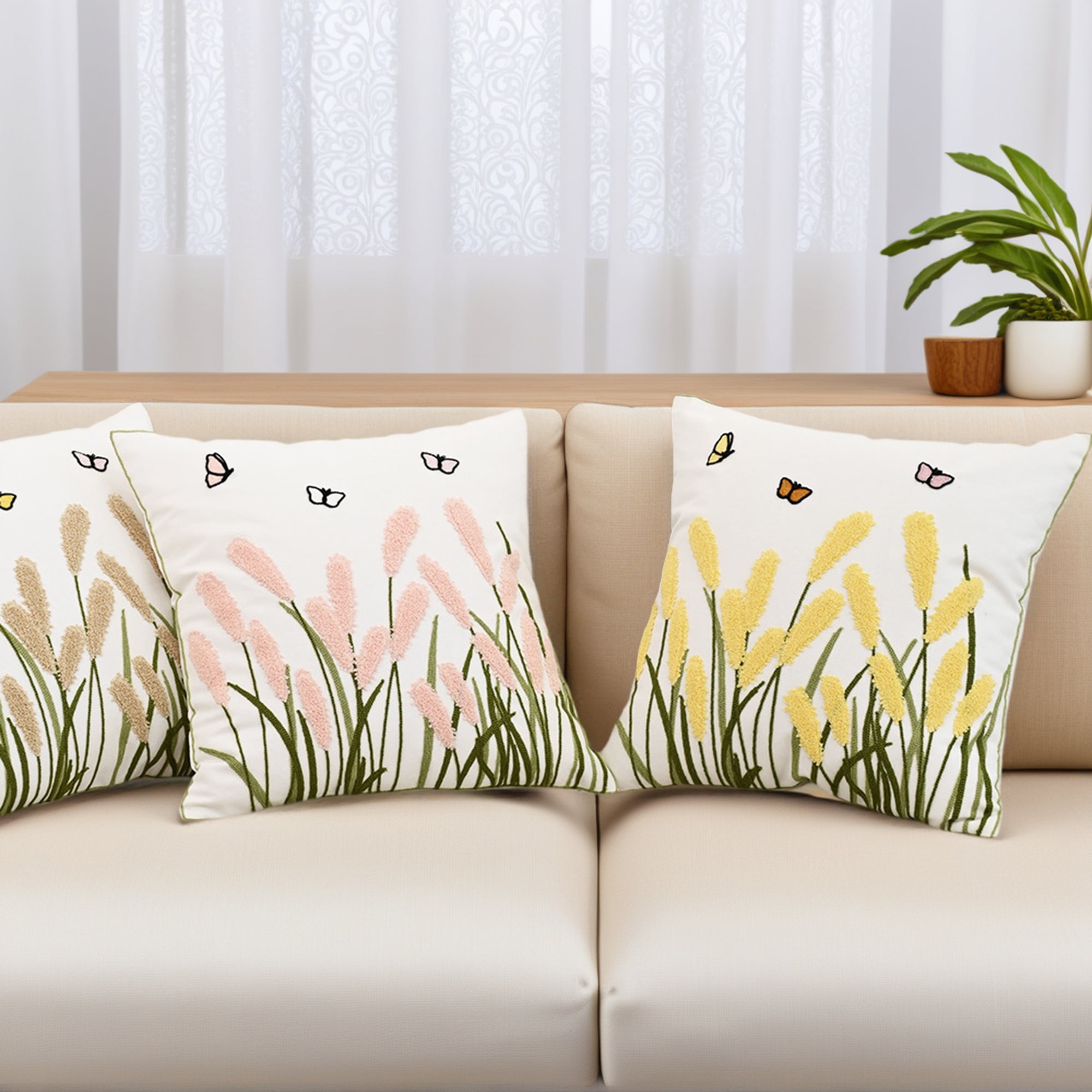 Unique Bargains Cotton Boho Plant Embroidery Soft Square Throw Pillow Covers Green