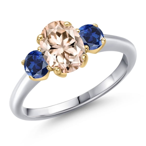 Gem Stone King 10K Two Tone Gold Peach Morganite and Blue Created Sapphire Engagement Ring for Women | 1.50 Cttw | Oval 8X6MM | Gemstone October Birthstone | Size 7