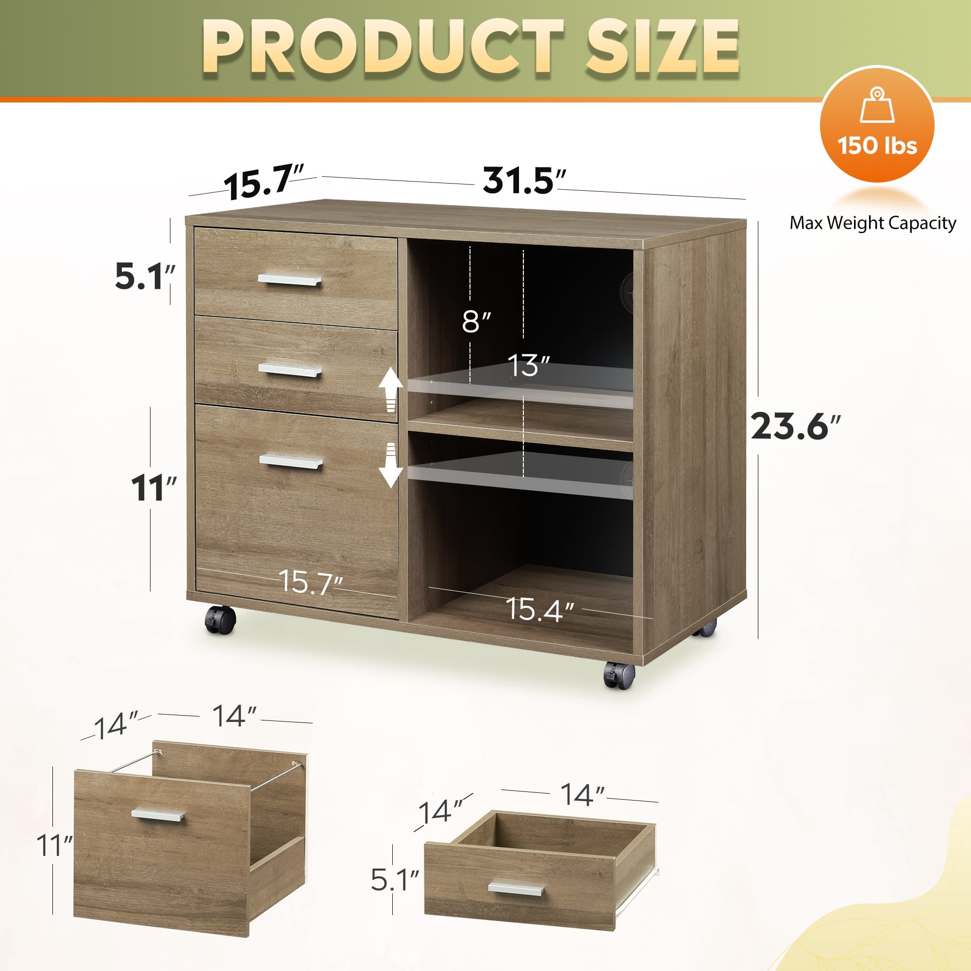 GALAXHERO 3-Drawer Wood File Cabinet, Mobile Lateral Filing Cabinet with Printer Stand and Open Shelves for Home Office, Gray Oak