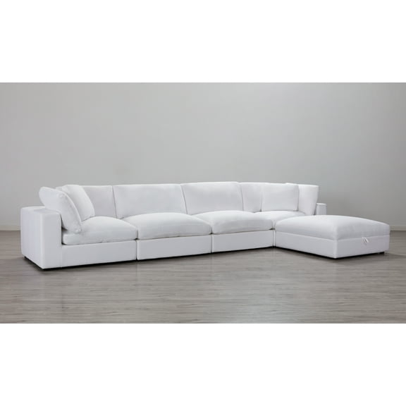 Roundhill Rivas Contemporary Feather Fill 5-Piece Sectional Sofa with Ottoman, Fabric, White