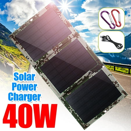 40W Flexible Folding Solar Panel Waterproof Solar Charger Portable Dual USB Ports Emergency Charging Solar Cell with Hanging Hook for Camping Outdoor Mountain