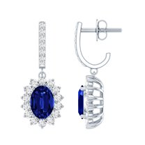 Rosec Jewels Lab Created Blue Sapphire Drop Earrings with Moissanite Halo (AAAA Grade Sapphire) - Anniversary Gift, 18K White Gold