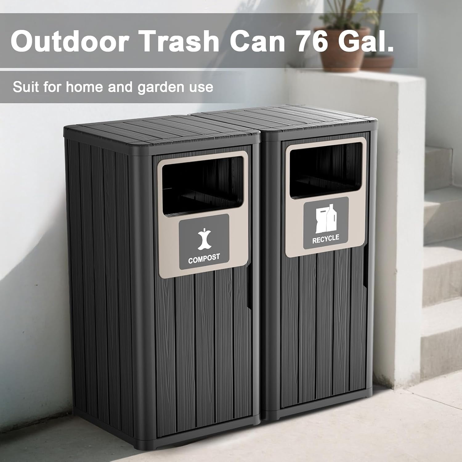Outdoor Two Barrel Trash Can – Waterproof Resin Garbage Bin with Recycling Labels – Fits 30-39 Gallon Trash Bags, Durable Waste Bin for Porch, Backyard & Kitchen(33.07 * 16.54 * 35.43)
