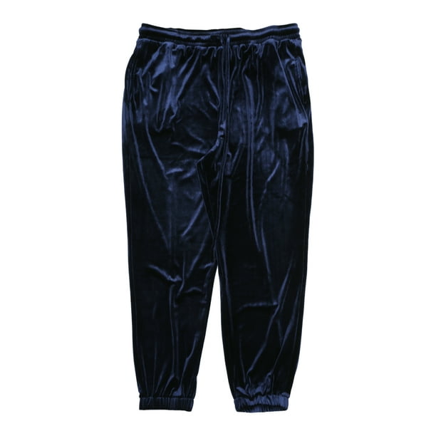 Plus Size Velvet Pants for Women Elastic Waist Cuff Casual Pant Blue 1X 