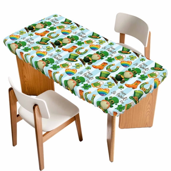Saint Patrick's Day Table Cloths for 4 Foot Rectangle Tables, Gnomes Hat Boot Clovers Blue Stripes Patio Waterproof Elastic Fitted Tablecloths, Washable Rectangular Table Cover for Camping