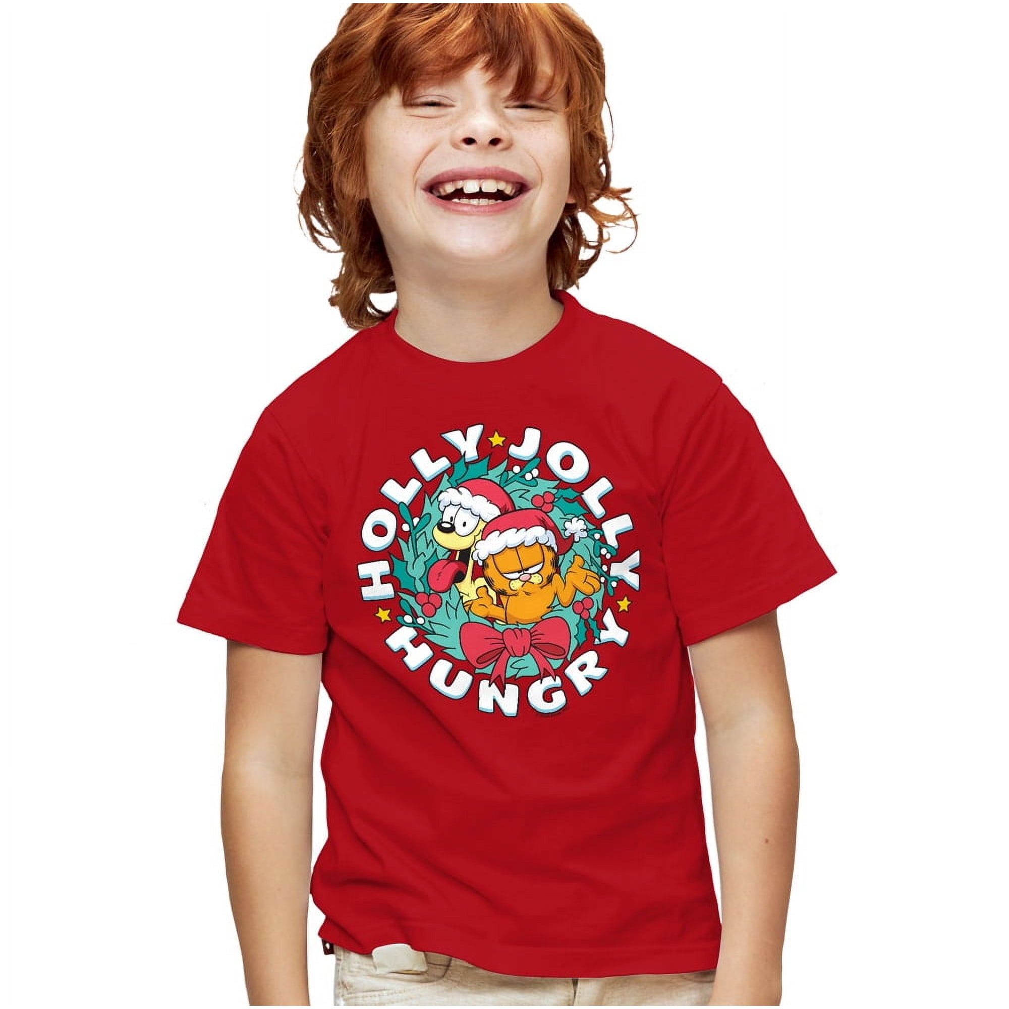 Garfield And Odie Christmas Holly Jolly Hungry Kids T Shirt for Youth Boys and Girls, Red, Small