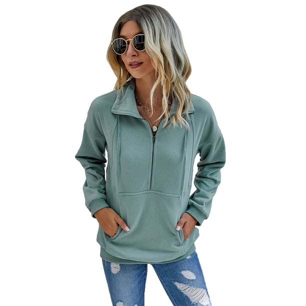 Sudadera de manga larga con solapa y media cremallera para mujer, color sólido, elegante, holgado, informal (verde grisáceo)