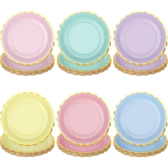 24 Pcs Pastel Scalloped Paper Plates Disposable Macaron Party Plates 9 Inch Gold Edge Colorful Dinner Plate Pastel Rainbow Dessert Plate for Wedding Birthday Baby Shower Party Supplies
