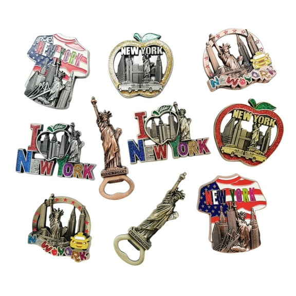 10 Pack Multicolor Bundle NYC Metal Refrigerator Fridge Magnets New York Souvenir Empire State Building, Skylines, Statue of Liberty, Big Apple, USA Flag, Fridge Magnet Bottle Opener (Color May Vary)