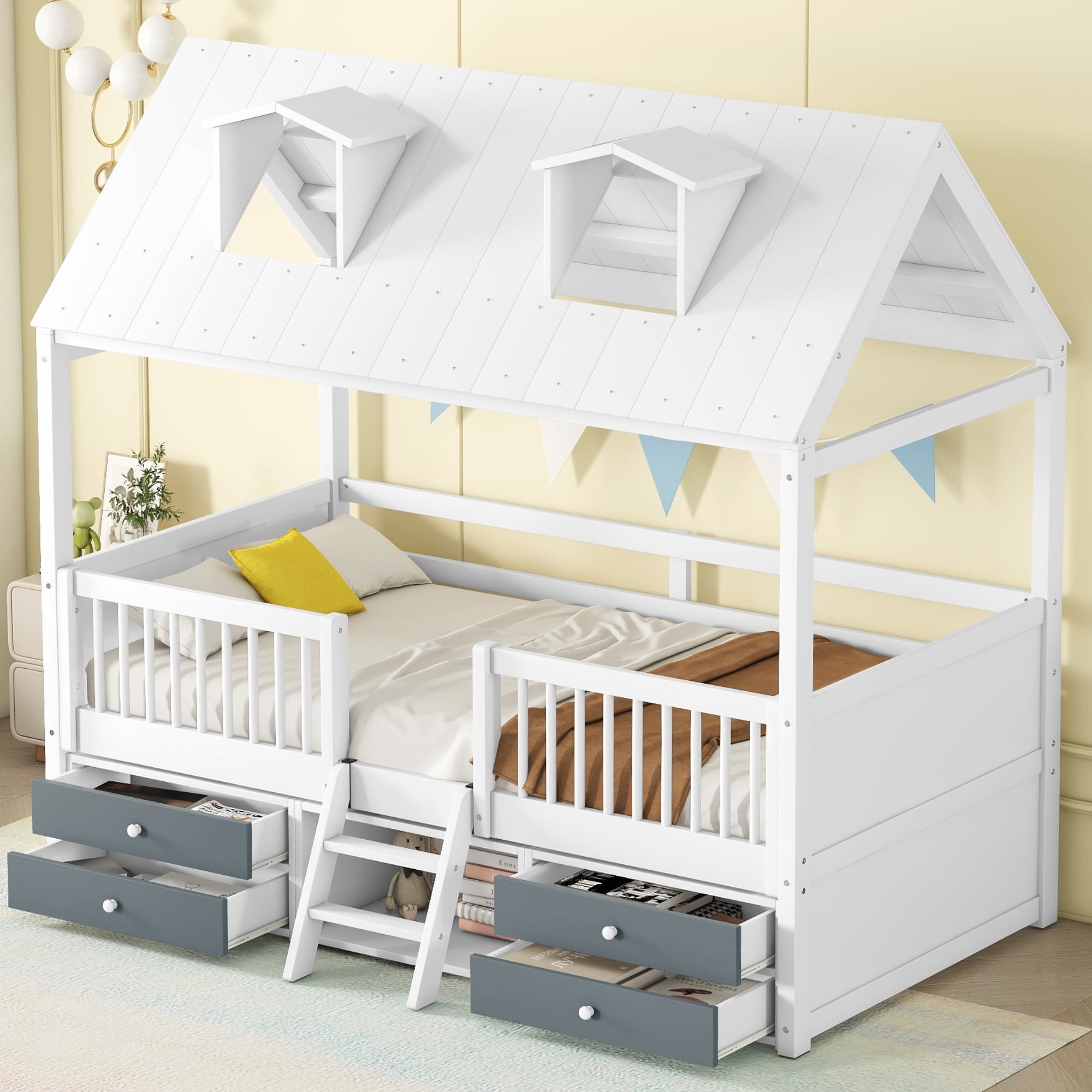 Harper & Bright Designs Twin Size Wood House Bed Frame with Fence and 4 Storage Drawers, Kids Playhouse Tent Bed with Roof and 2-step Ladder for Boys Girls Teens Bedroom, White