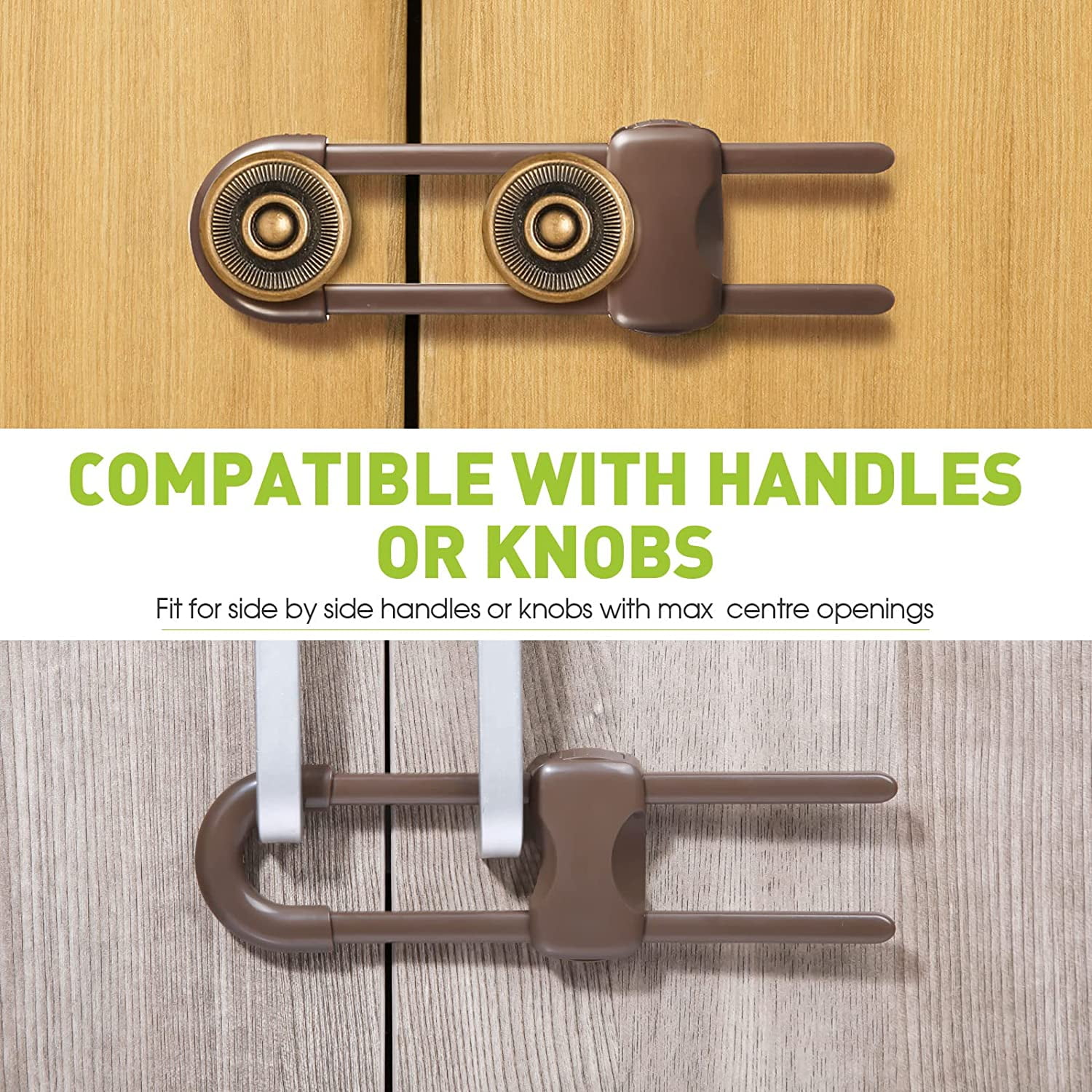 10 Pieces Cabinet Locks for Babies, U-Shaped Proofing Drawers Safety Child Locks Adjustable, Easy to Use Childproof Latch for Knob Handle on Kitchen Door Storage Cupboard Closet Dresser(Brown)
