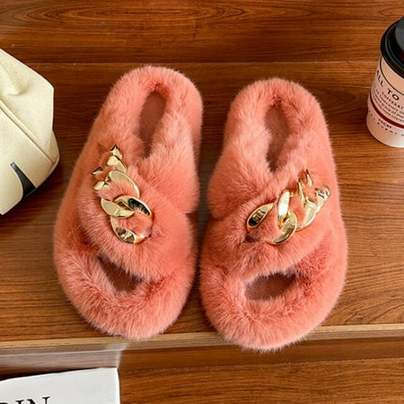 

CoCopeaunt Winter House Women Fur Slippers Fashion Cross Band Warm Plush Ladies Fluffy Shoes Cozy Open Toe Indoor Fuzzy Slides For Girls
