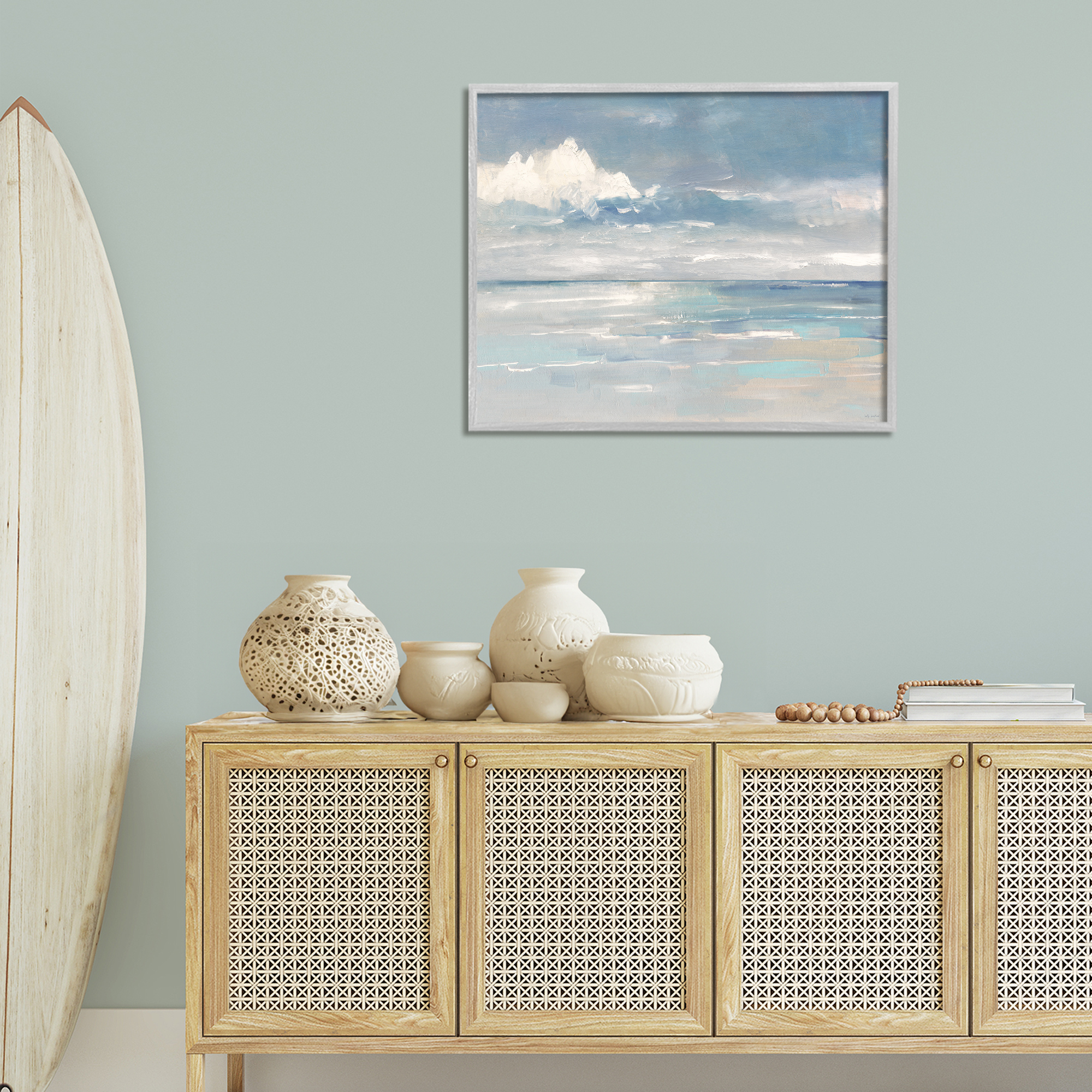 Stupell Industries Beach Clouds Reflection Landscape Painting Gray Framed Art Print Wall Art, 30 x 24