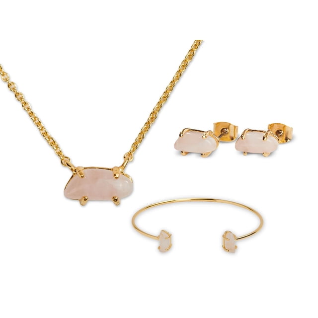 Set Juego de Joyería para Mujer con Cuarzo LuckyLy, Collar, Aretes y Brazalete con Baño de Oro 18k, Modelo Ivy rosa UNITALLA