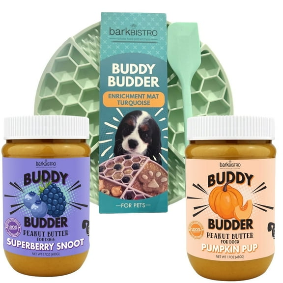 Bark Bistro Dog Peanut Butter - Superberry Snoot   Pumpkin Pup Buddy Budder & LickMat (Bundle), All Natural Peanut Butter Dog Treat (17oz)