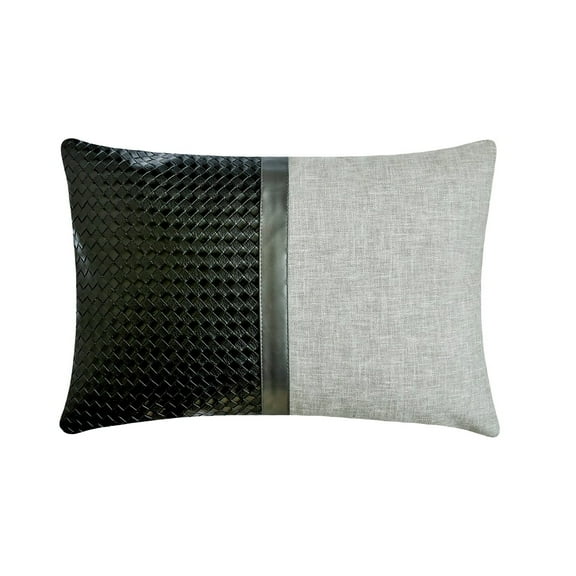The HomeCentric Decorative Black & Grey 12"x18" (30x45 cm) Lumbar Pillow Cover, Faux Leather Patch Work, Basket Weave, Linen, Solid Oblong Pillow, Patchwork Pattern Modern Style - Lux Black