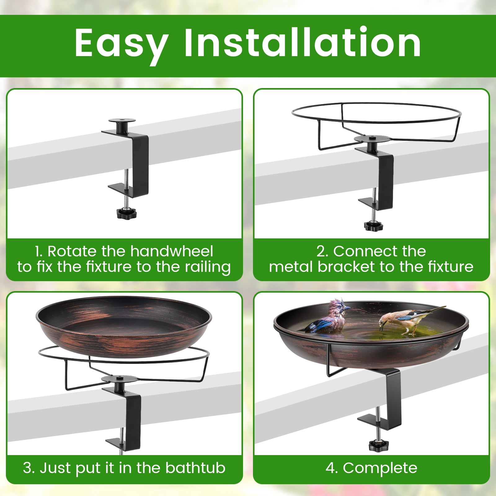 Threns Deck Mounted Bird Bath Bowl,12" Balcony Railing Birdbaths,Metal Birdbath for Outside with Sturdy Adjustable Clamp for Fence Outdoor Decor