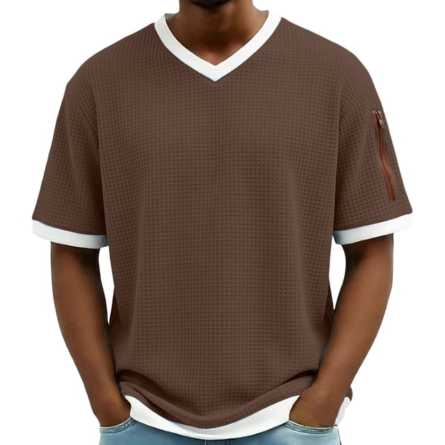 Hombro Frío Tops Hombres de Malla Respirable Manga Corta Cuello en V Color Sólido Suéter Superior