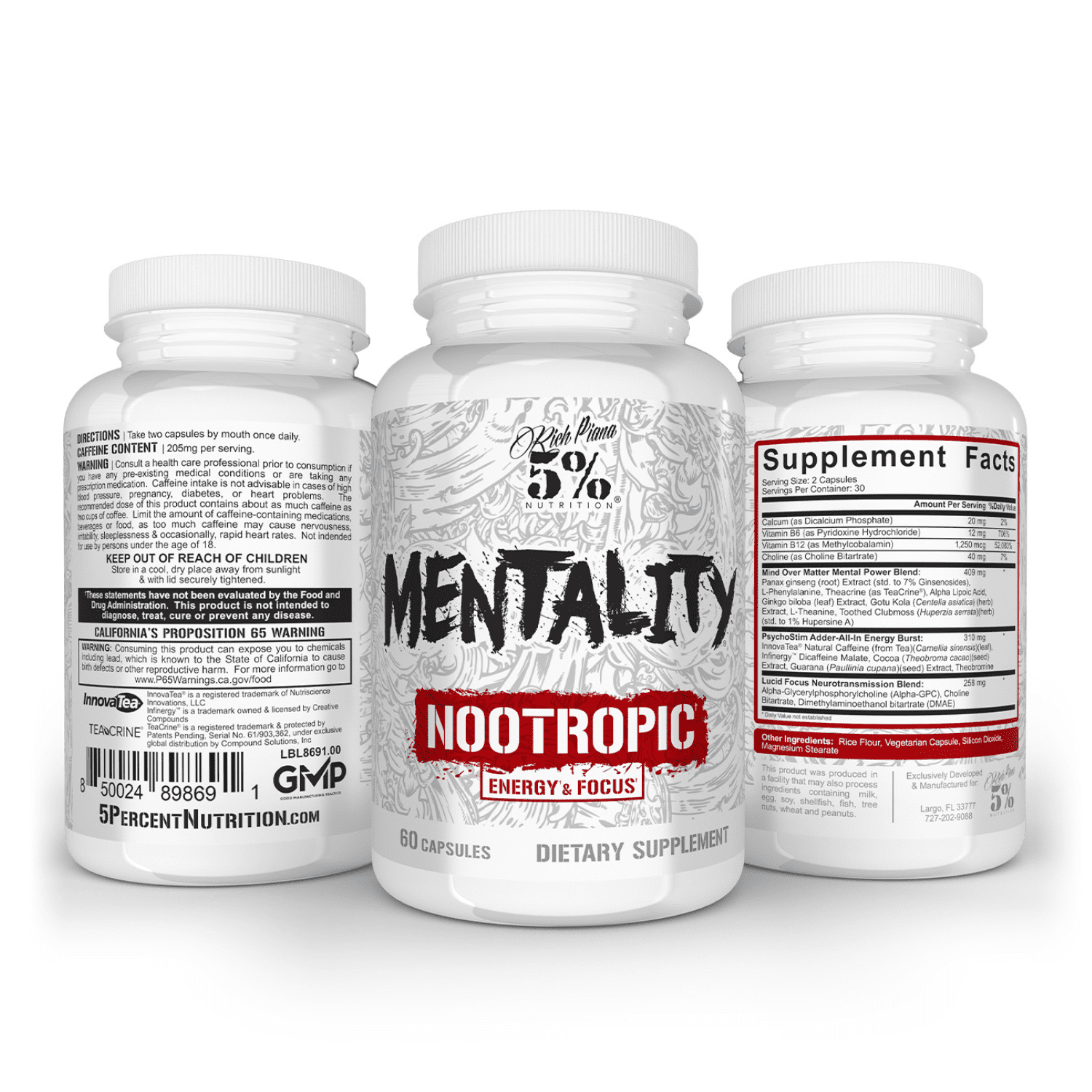 5% Nutrition Rich Piana  Nootropic,Energy & Focus Blend, Ginseng, Ginkgo, L-Theanine (60 Capsules)
