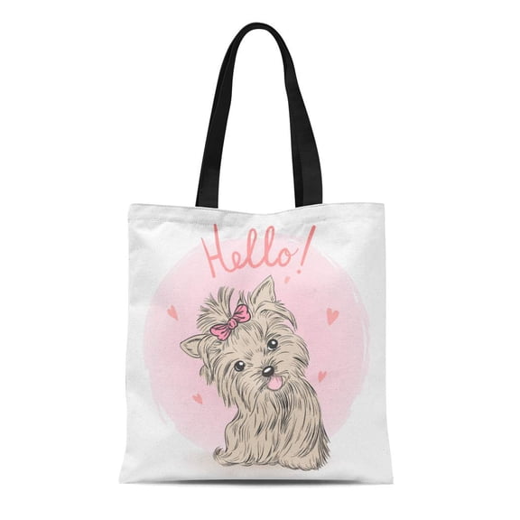 SIDONKU Canvas Tote Bag Pink Love Small Cute Puppy Girl Pets Bow Heart Durable Reusable Shopping Shoulder Grocery Bag