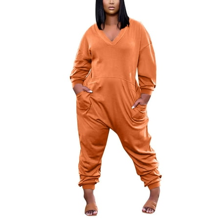 Fsqjgq Jumpsuits for Women Orange Rompers Elegant One Piece Workout Bodysuit Casual Loose Jumpsuits Long Sleeve V Neck Oversized Rompers Pajamas Playsuit Womens Clothes XXL