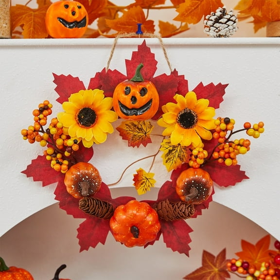 Halloween Wreath Pumpkin Maple Leaf - Harvest Festival Door Hanging Decor, Autumn Thanksgiving Wall Decoration for Porch Home(Orange,A)
