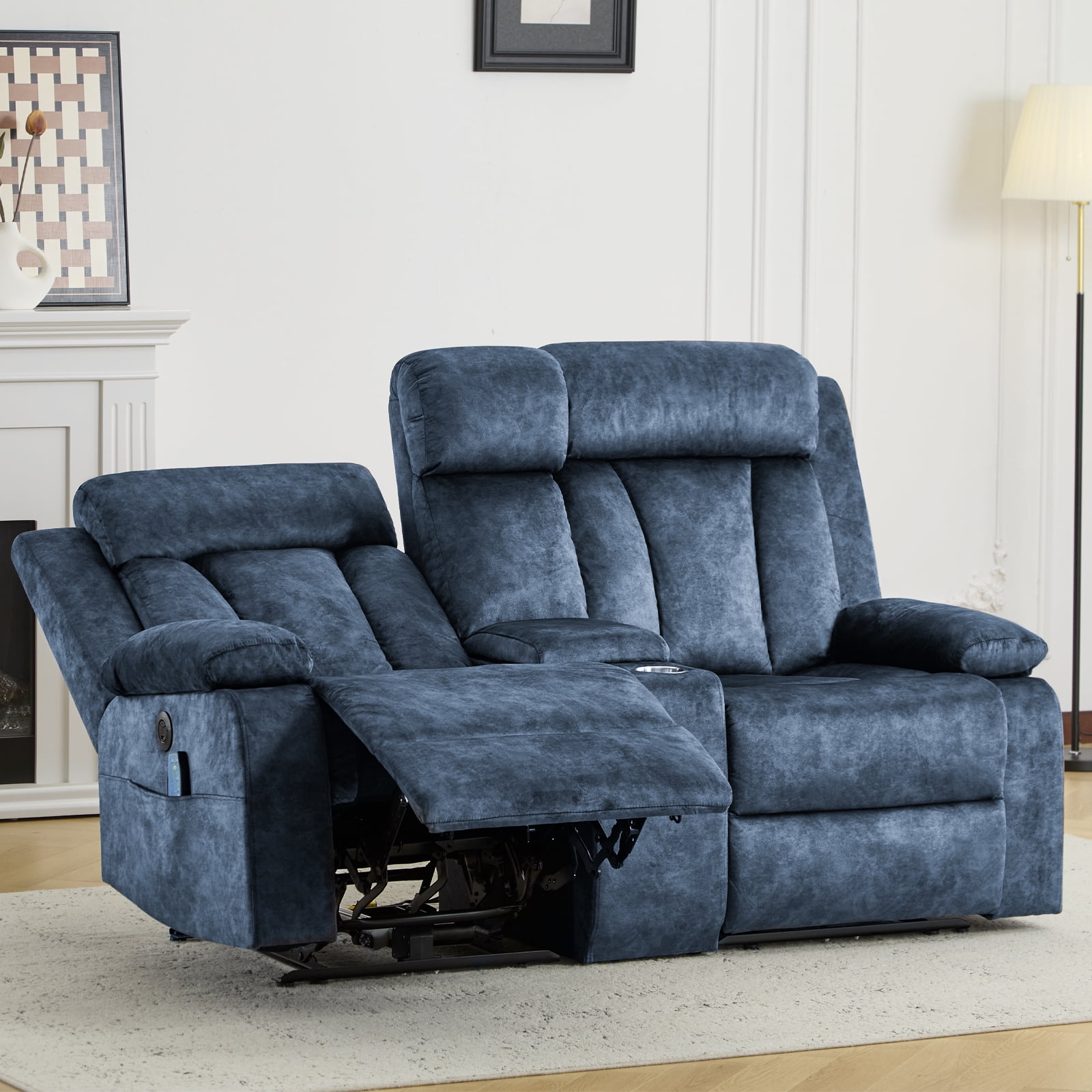 Power Recliner Loveseat Sofa with Console Storage, Heat & Massage, Reclining Sofa Couch with Cup Holders, USB & Type-C Ports, Dutch Velvet Recliner Couch for Living Room, RV,Office,Apartment