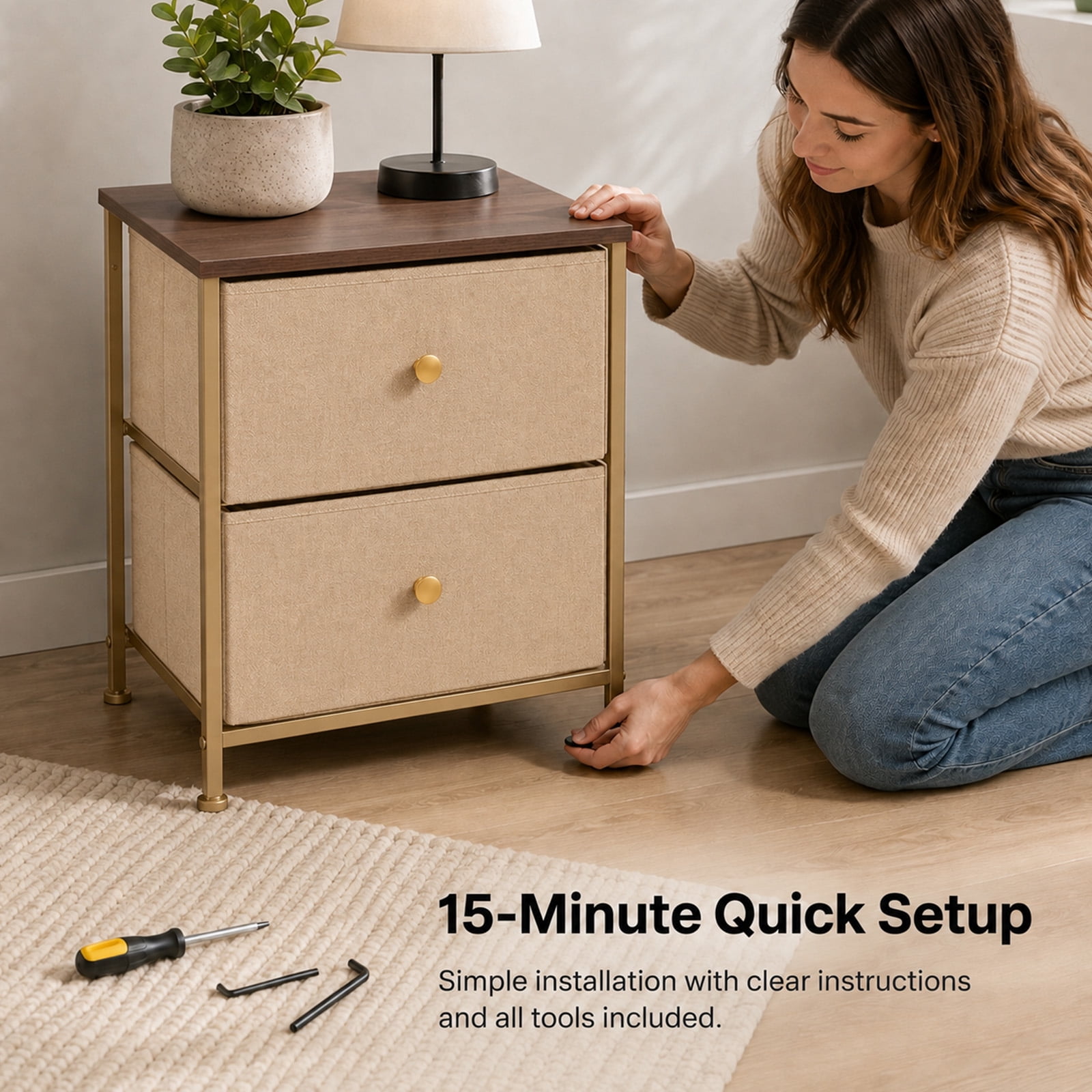Alvantor Nightstand with 2 Storage Drawers, Small Bedside Table, Small Dresser with Sturdy Wooden Top for Daily Essentials, Compact Nightstand for Bedroom and Small Spaces