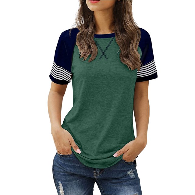 Vente Chaude! T-Shirts Basiques pour Femmes Uooqdmx, Chemise Rayée pour Femmes, Hauts à Blocs de Couleur pour Femmes, T-Shirt à Col Rond Ample et Décontracté, Chemises à Manches Courtes pour Femmes, Vert TG