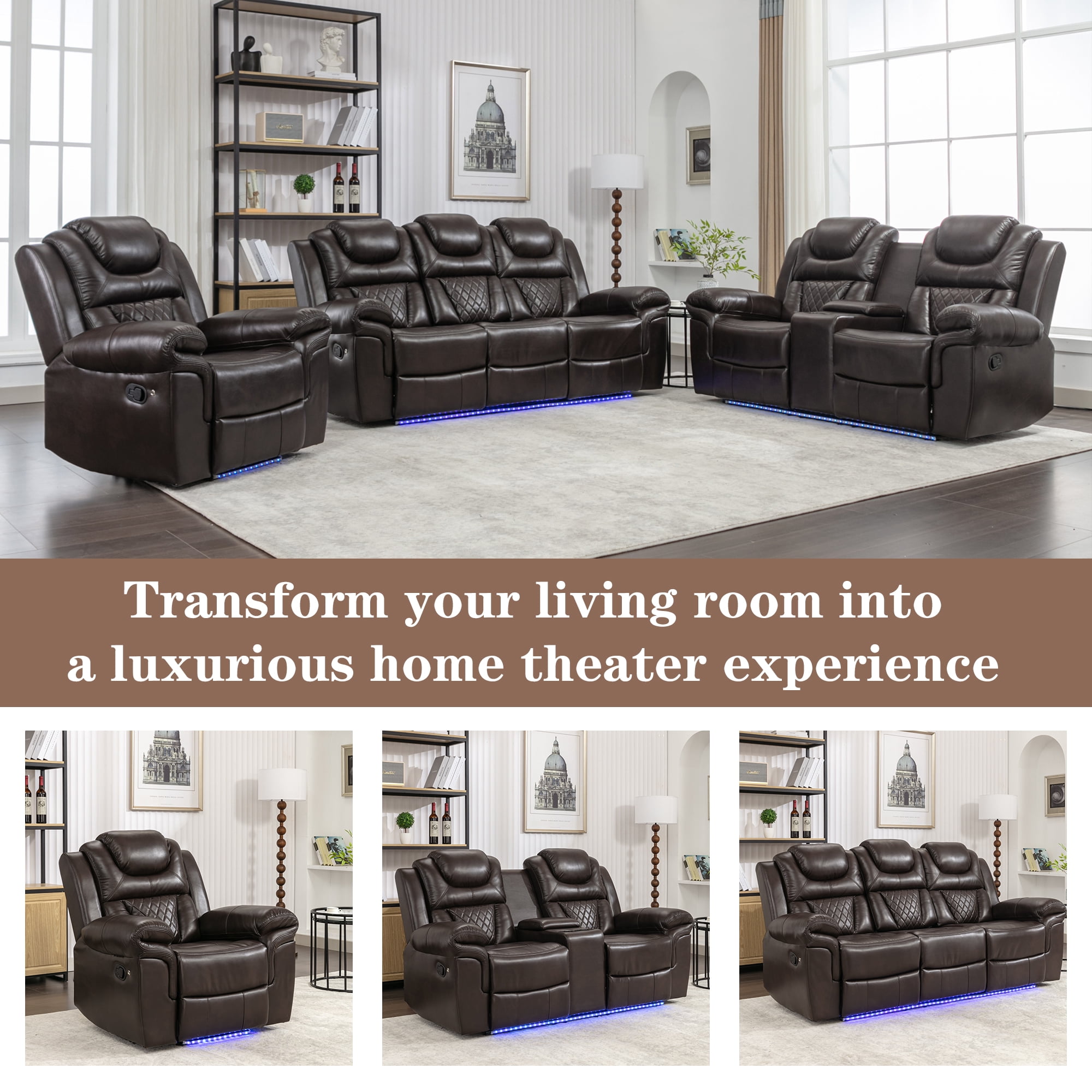 Euroco Home Theater Seating Manual Recliner Chair with LED Light Strip for Living Room,Bedroom, Brown